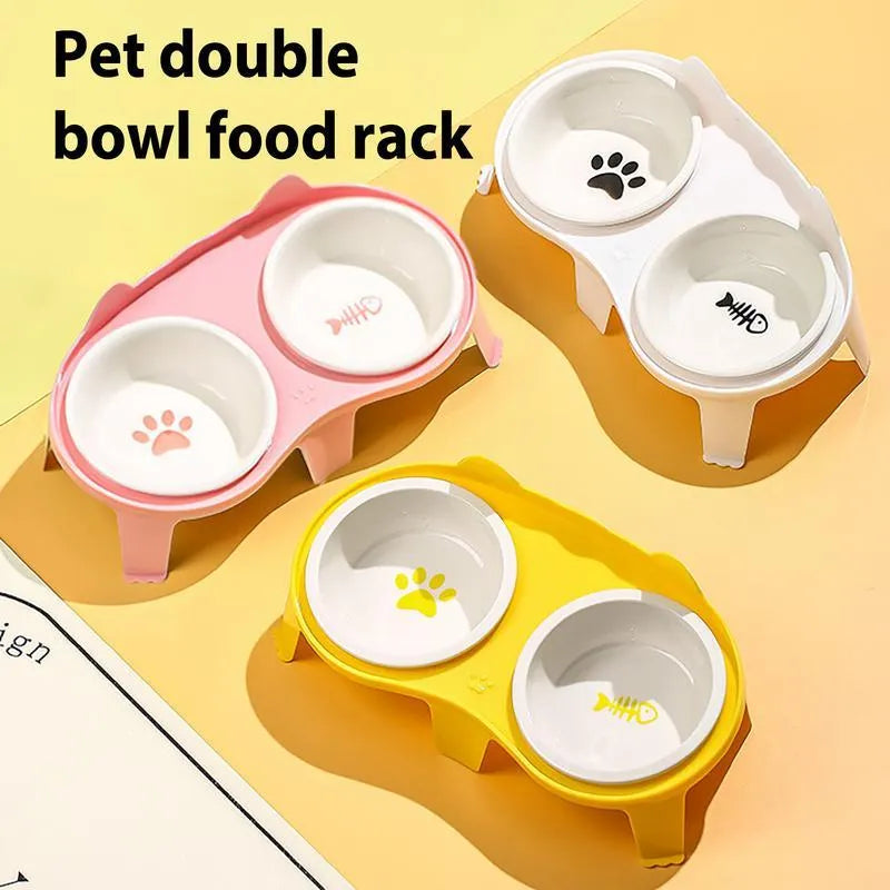 Blue ceramic pet bowl set elevated on a stand with a storage hook, showing food and water bowls.