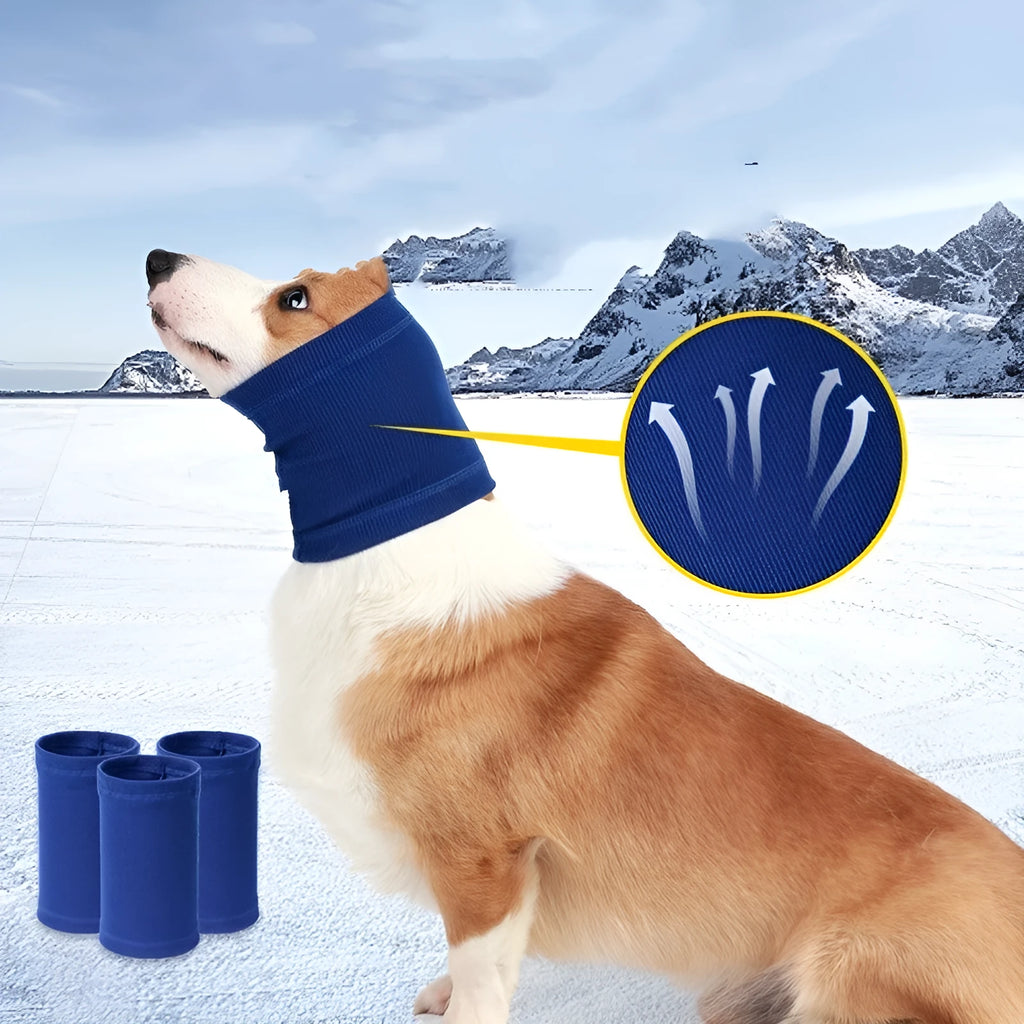 Blue and grey polyester dog headband scarf shown in S, M, L sizes.