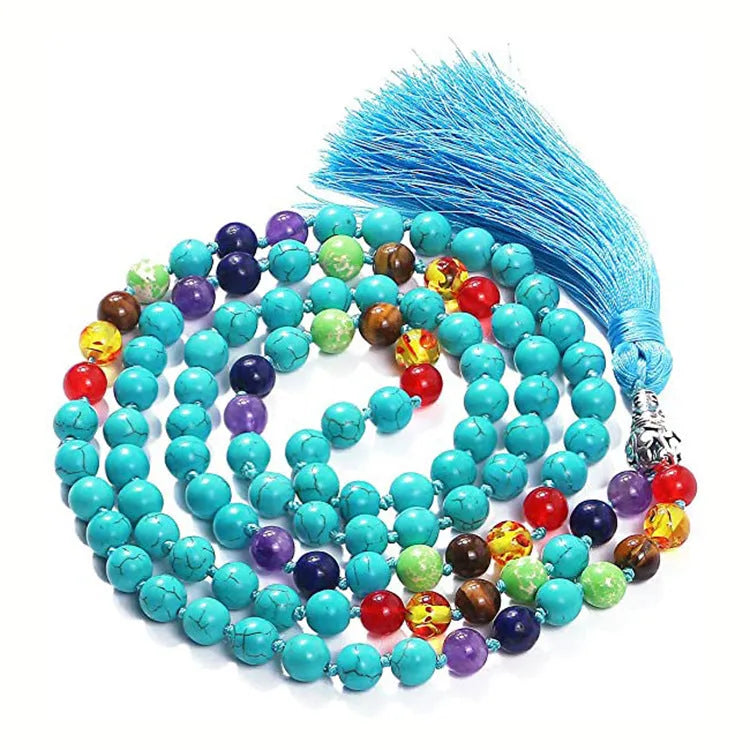 Agate geometric tassel necklace with amethyst blue pattern and multiple coloured stones at 95-100cm length