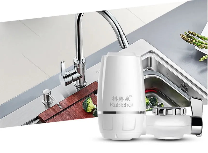 White plastic faucet water filter with ceramic cartridge and set of tap thread adapters