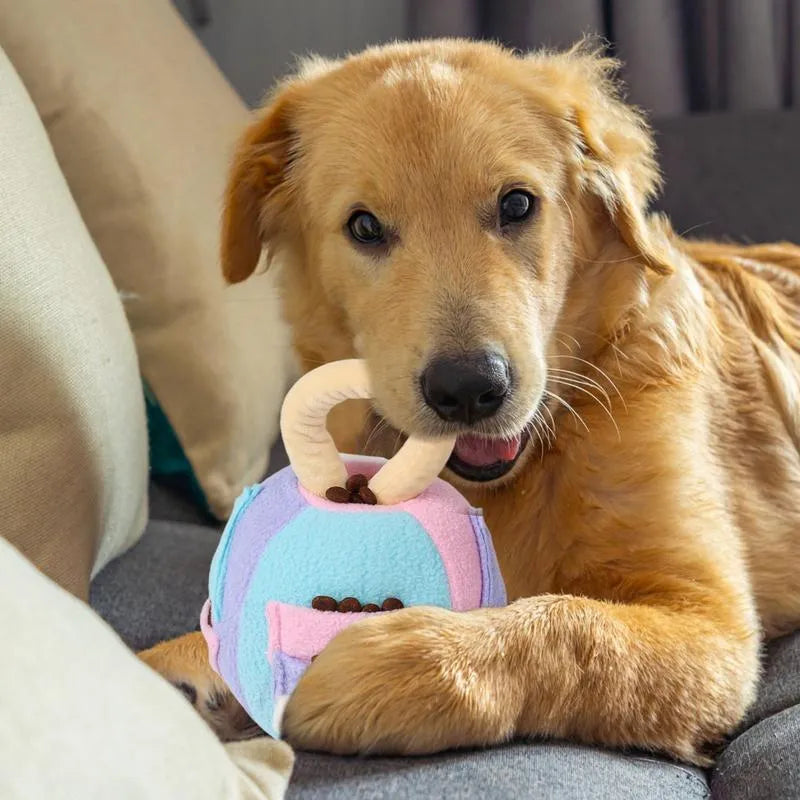 Green or pink dog plush ball toy with treat pockets and squeaker for small to medium dogs