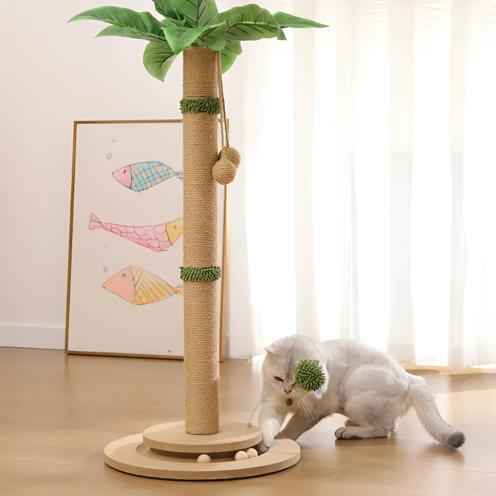 Vertical cat climbing frame with hemp rope scratching posts in a natural canna colour finish.
