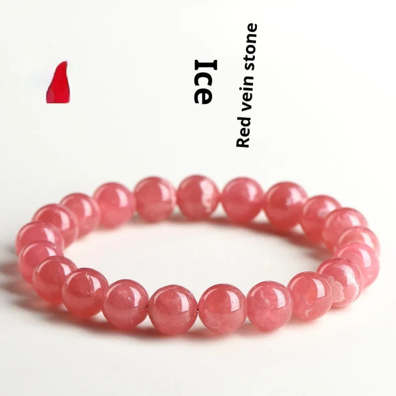 Women's geometric crystal bracelet with rhodochrosite stone and longevity lock in natural red patterns