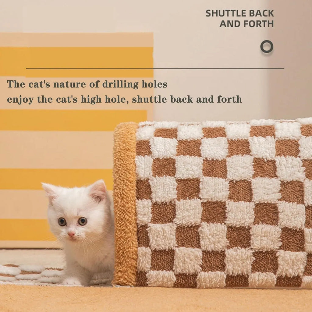 Brown plush plaid cat tunnel bed with central mat, shown in an XL size for indoor cats.