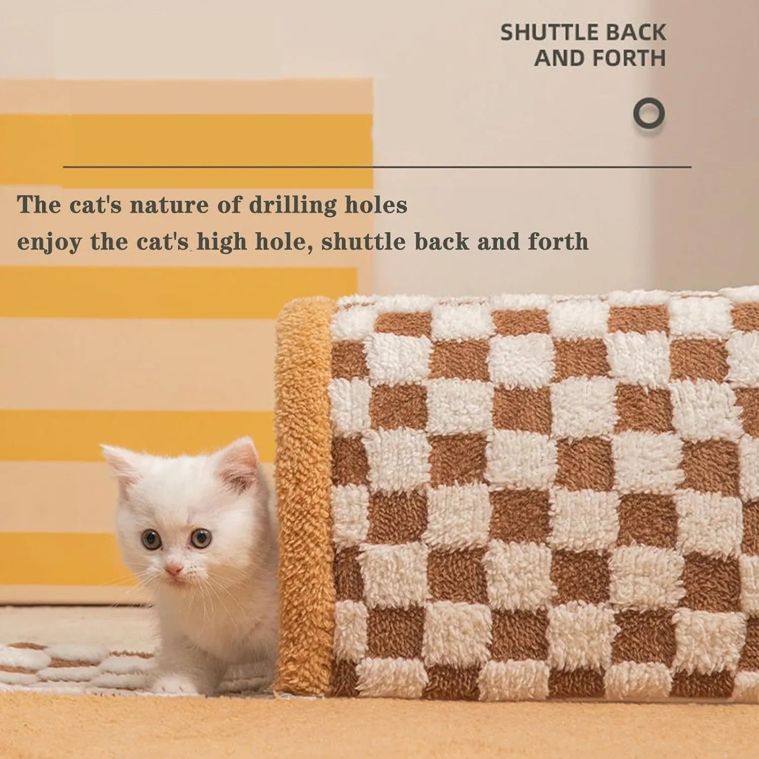 Brown plush plaid cat tunnel bed with central mat, shown in an XL size for indoor cats.