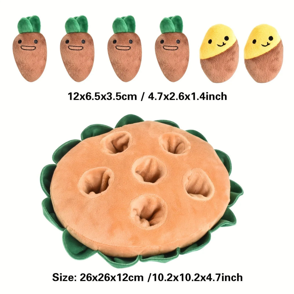 Interactive dog puzzle toy with yellow removable squeaky toys and sniffing pads on polyester base