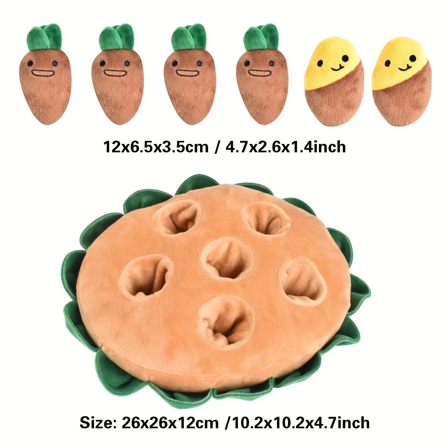 Interactive dog puzzle toy with yellow removable squeaky toys and sniffing pads on polyester base