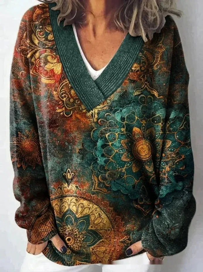 Women's retro-style V-neck sweatshirt with a 3D floral pattern print and long sleeves.
