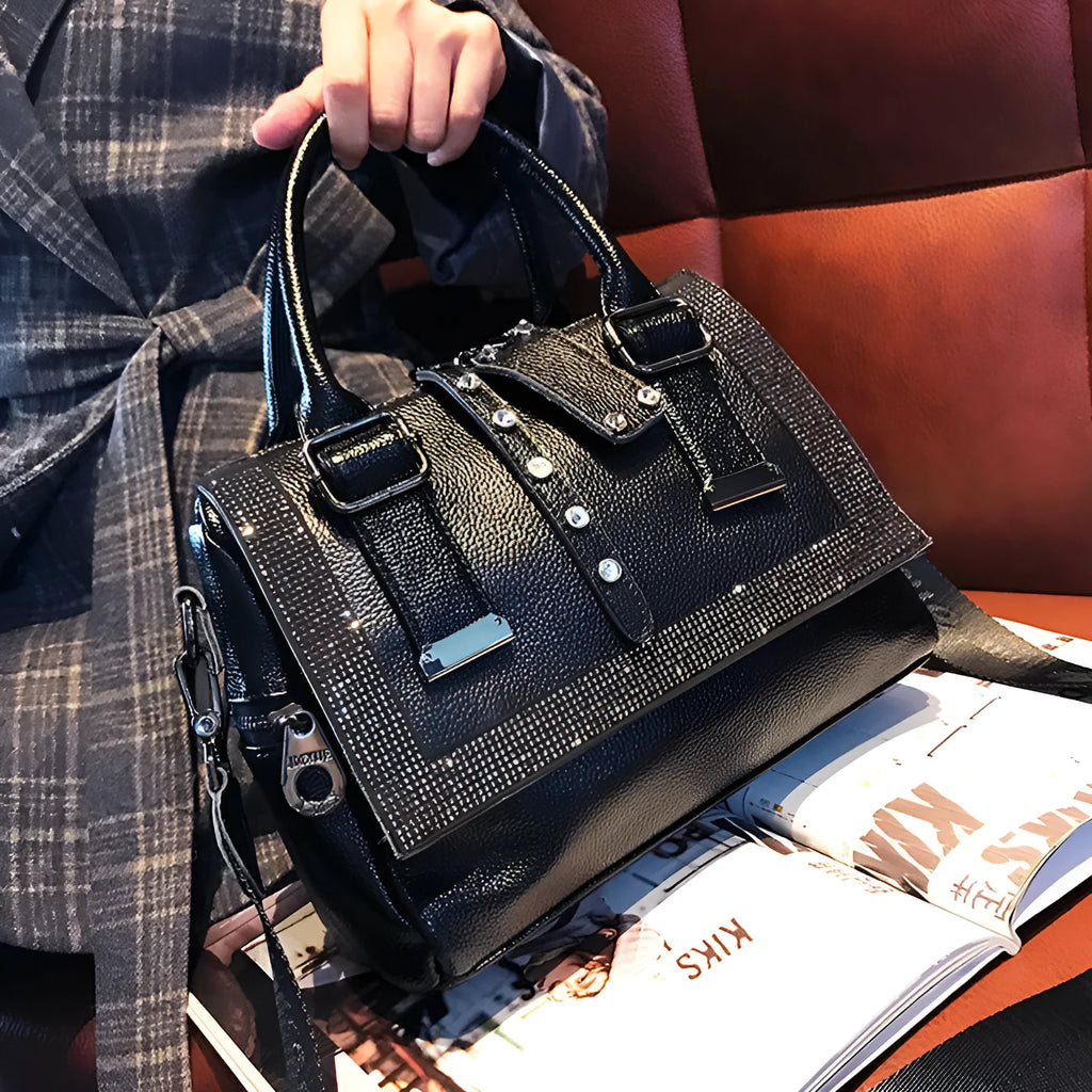 Large soft cowhide leather handbag in black with diamond decoration and lid closure