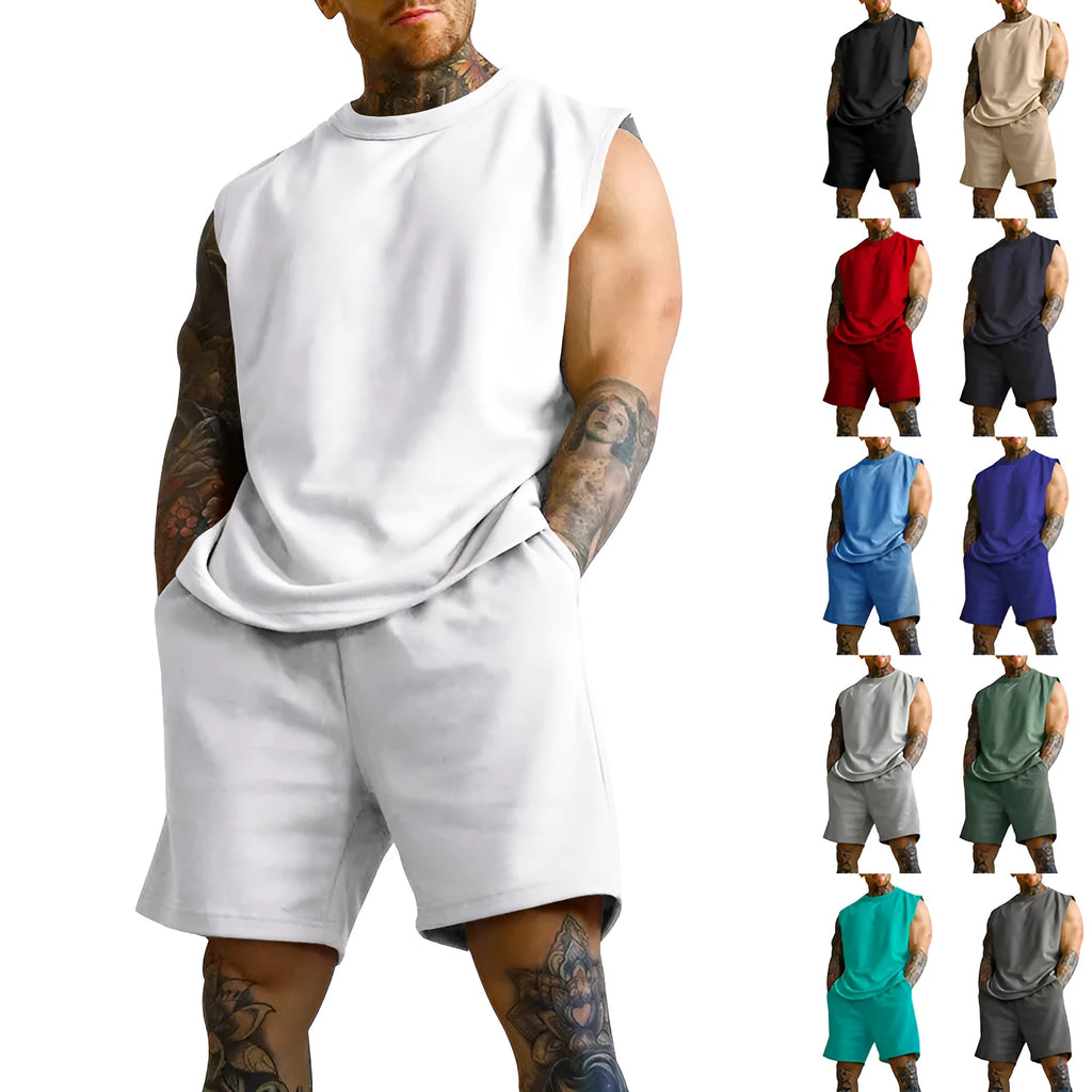 Men's sleeveless cotton-blend sports suit showing matching T-shirt top and shorts in a solid colour.