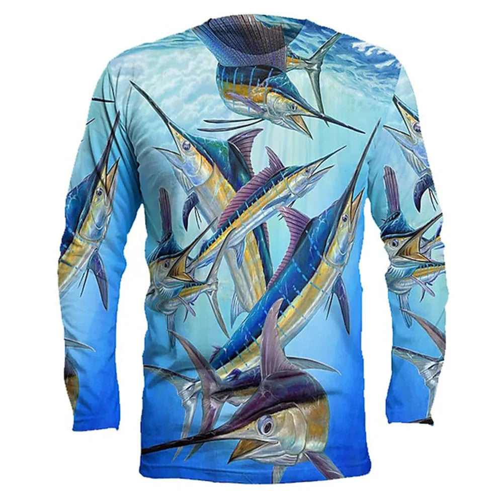 Man wearing a long-sleeved grey pullover top with a colourful fish print design on the front.