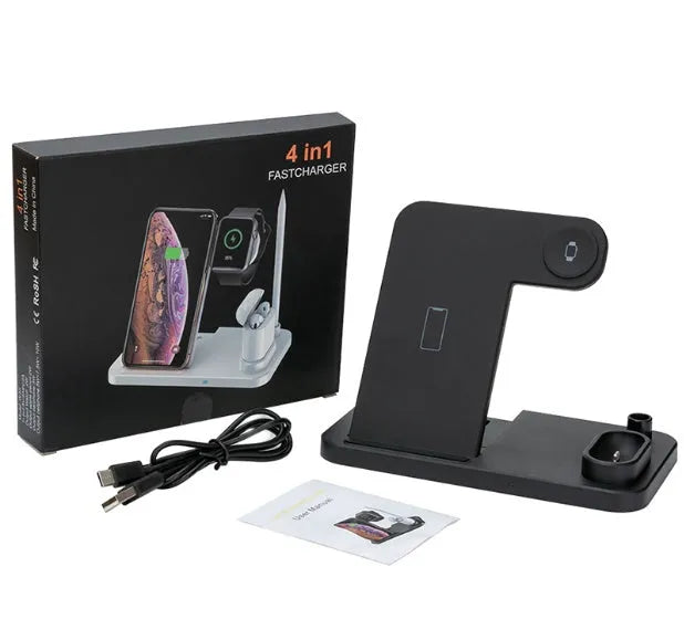 4-in-1 wireless charging station with adjustable magnetic stand charging iPhone, Apple Watch, and AirPods