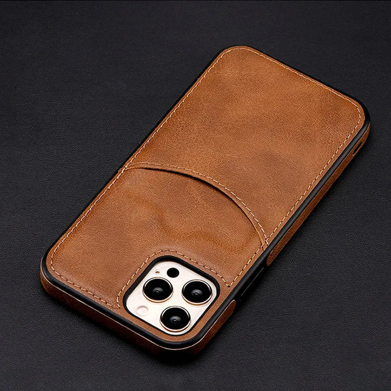 Dark blue PU leather protective phone case for iPhone business smartphones.
