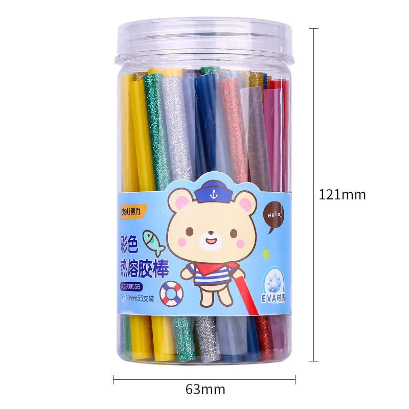 Pack of 55 clear hot melt glue sticks with 7mm diameter next to a glue gun