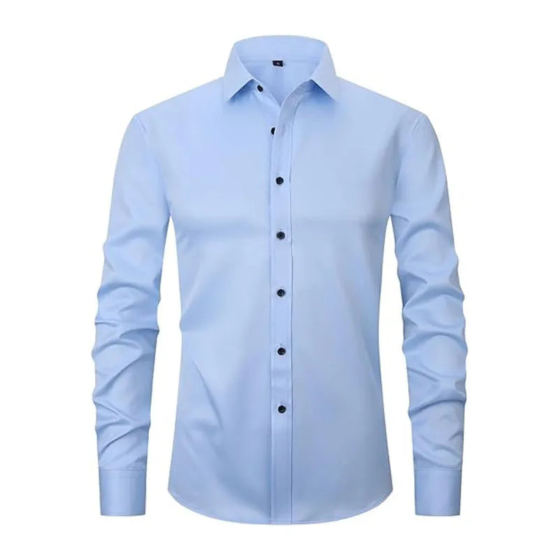 Men's stretch long sleeve shirt in polyester on a hanger, showing the button front and long sleeve design.