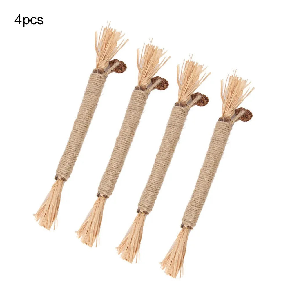A pack of three natural silvervine chew sticks for cats with sisal rope, for dental care and enrichment.