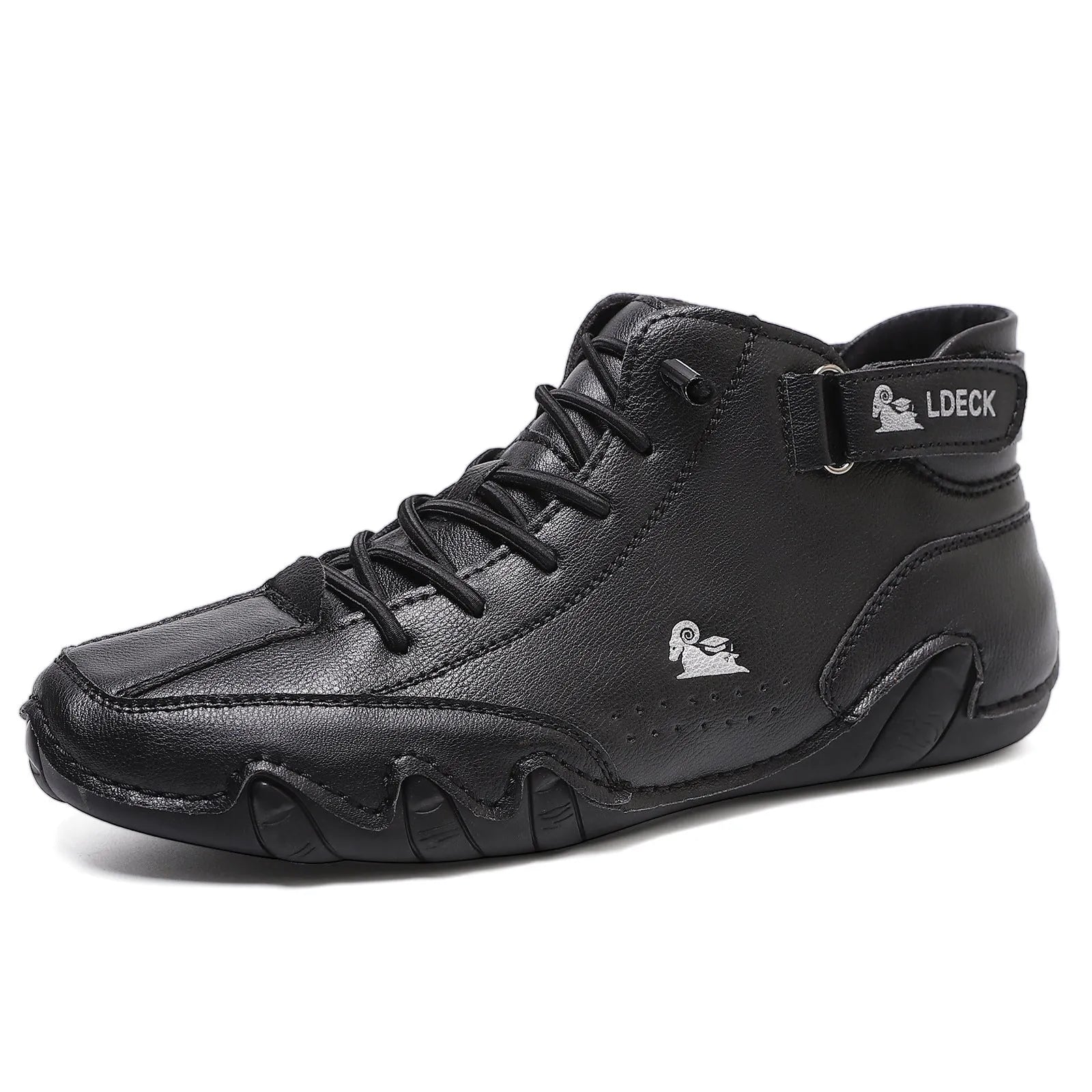 Men's khaki high top Octopus shoes with round toe and rubber sole on a white background.
