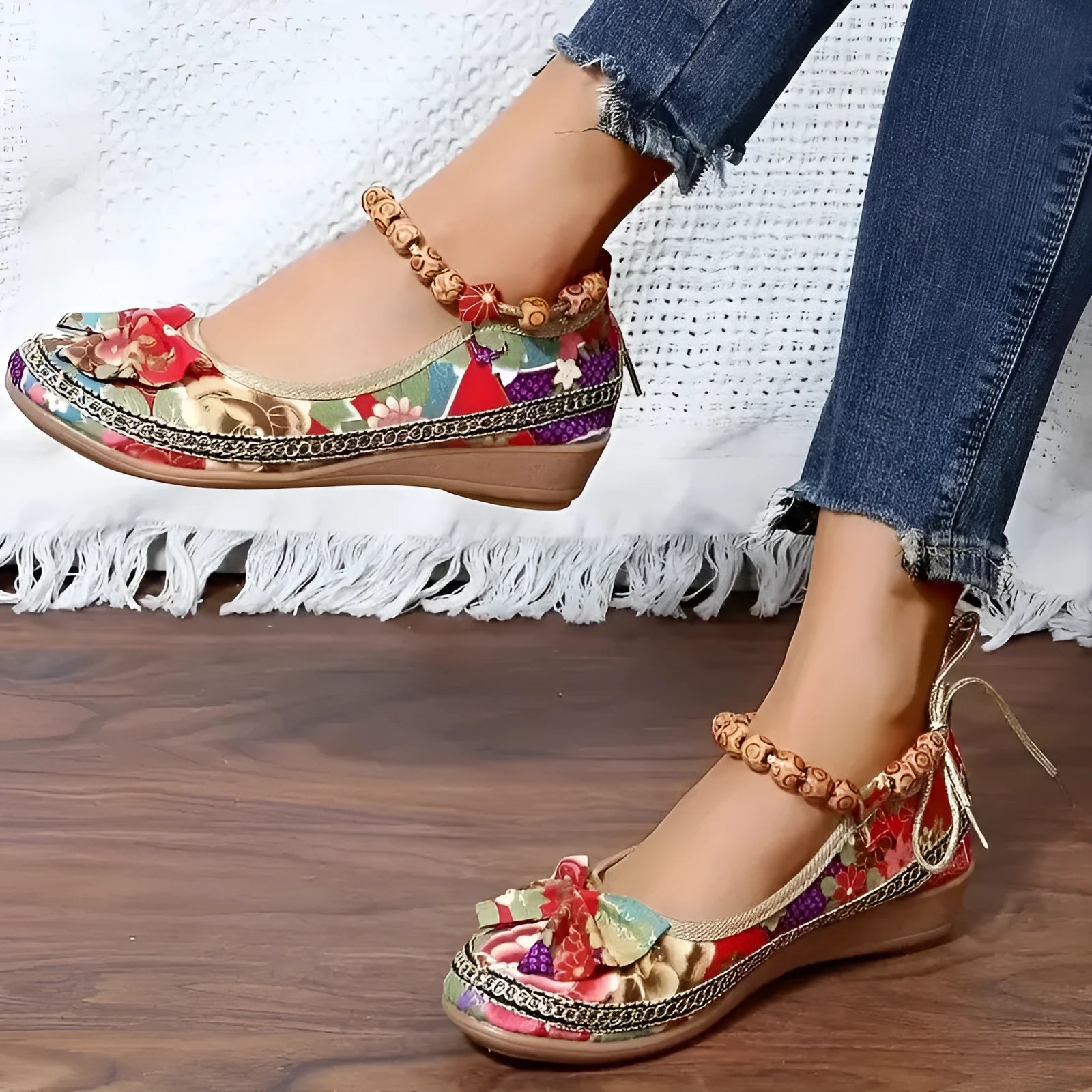 Women's black ethnic platform sandals with cloth upper and elastic band fastening on a white background.