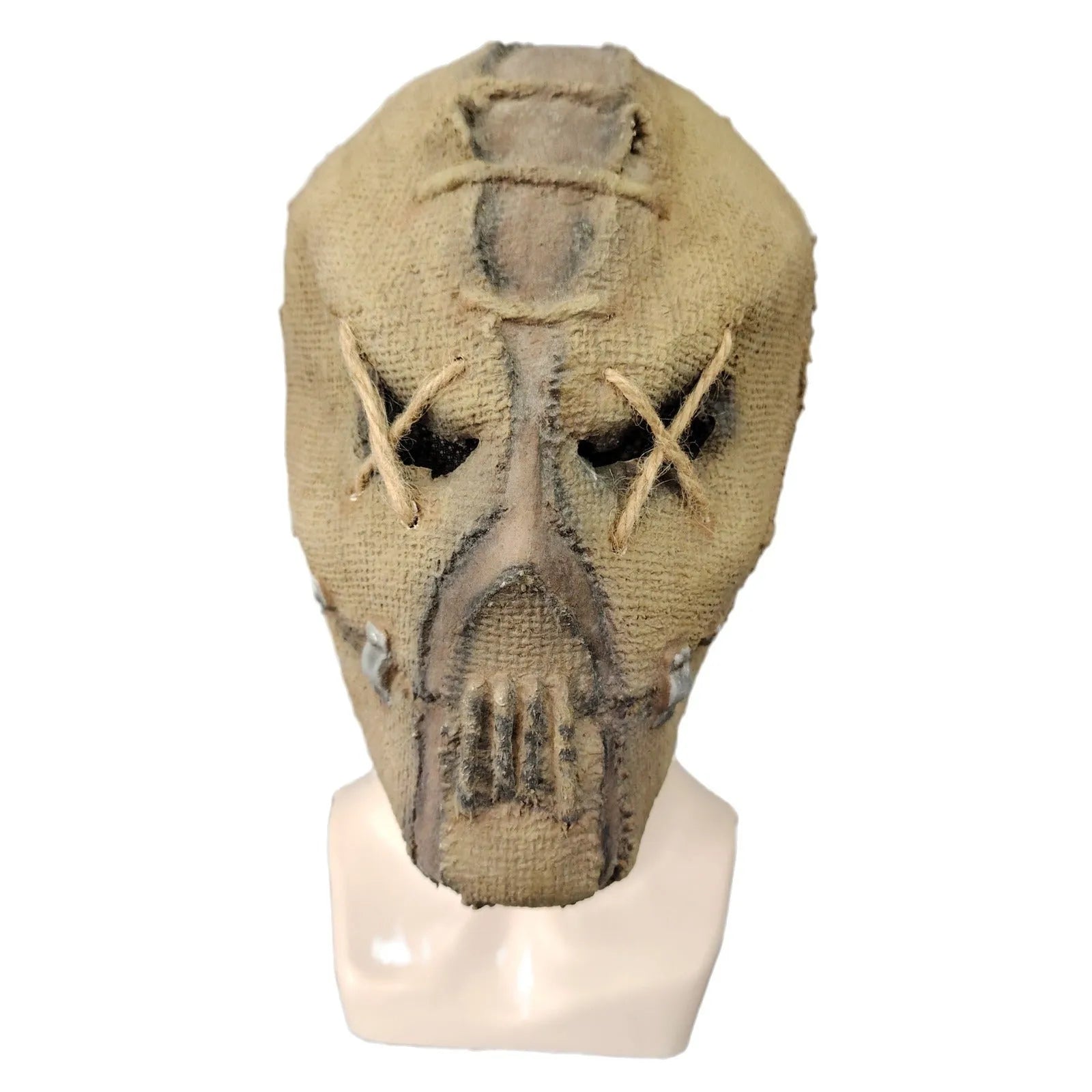 Latex horror mask with scar skull design worn as a full head cover for Halloween costumes