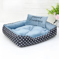 Polka dot print square dog bed with matching embroidery pillow in grey, blue, pink, or red.