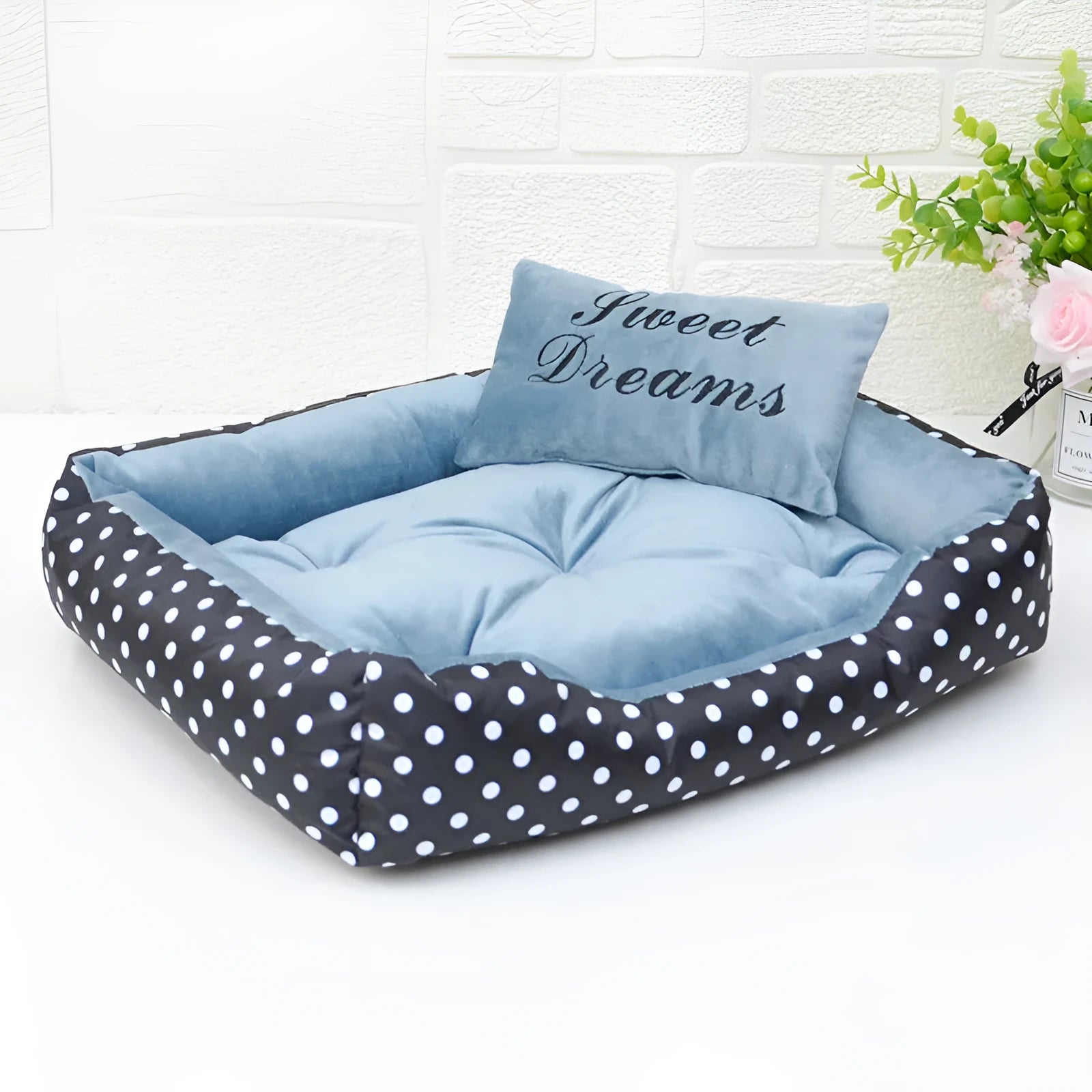 Polka dot print square dog bed with matching embroidery pillow in grey, blue, pink, or red.