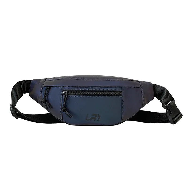 Blue crossbody cycling bag with reflective panels and soft handle, open pocket design