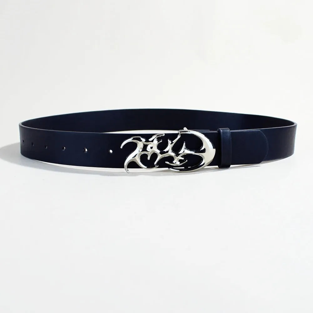 Silver buckle PU leather casual belt showing 105cm length and snap button fastening