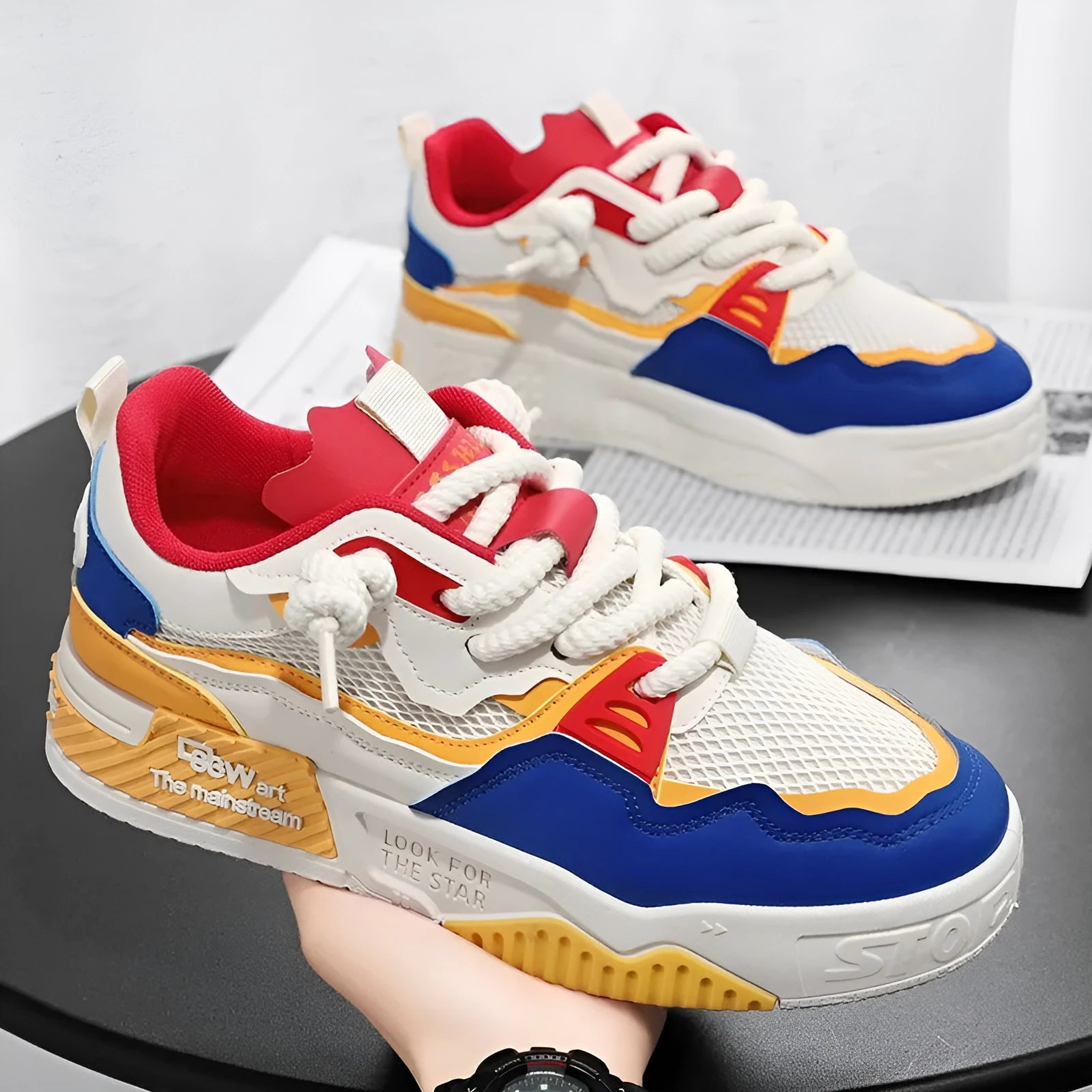 Men's board shoes with rubber soles in low-top design, showing colour-matching pattern on upper