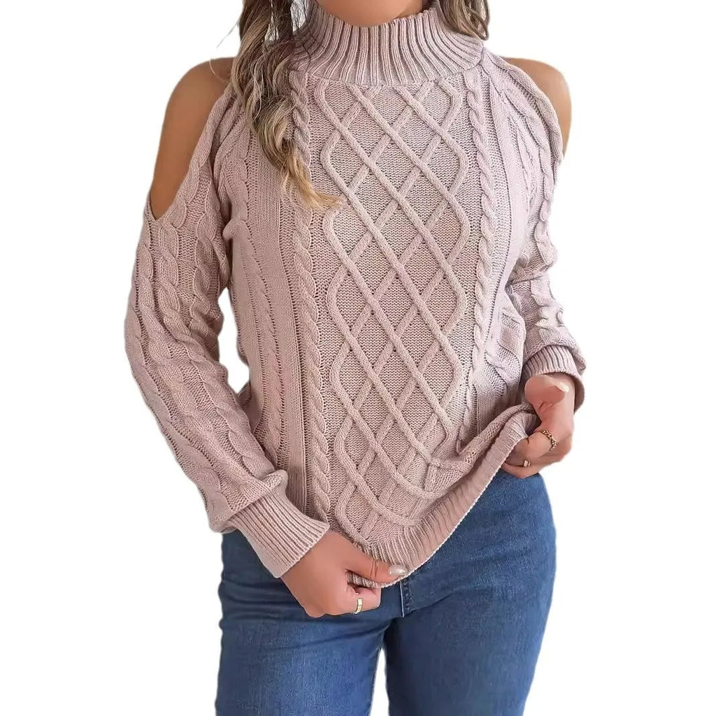 Women's strapless grey acrylic sweater with lantern sleeves and twisted pattern detail