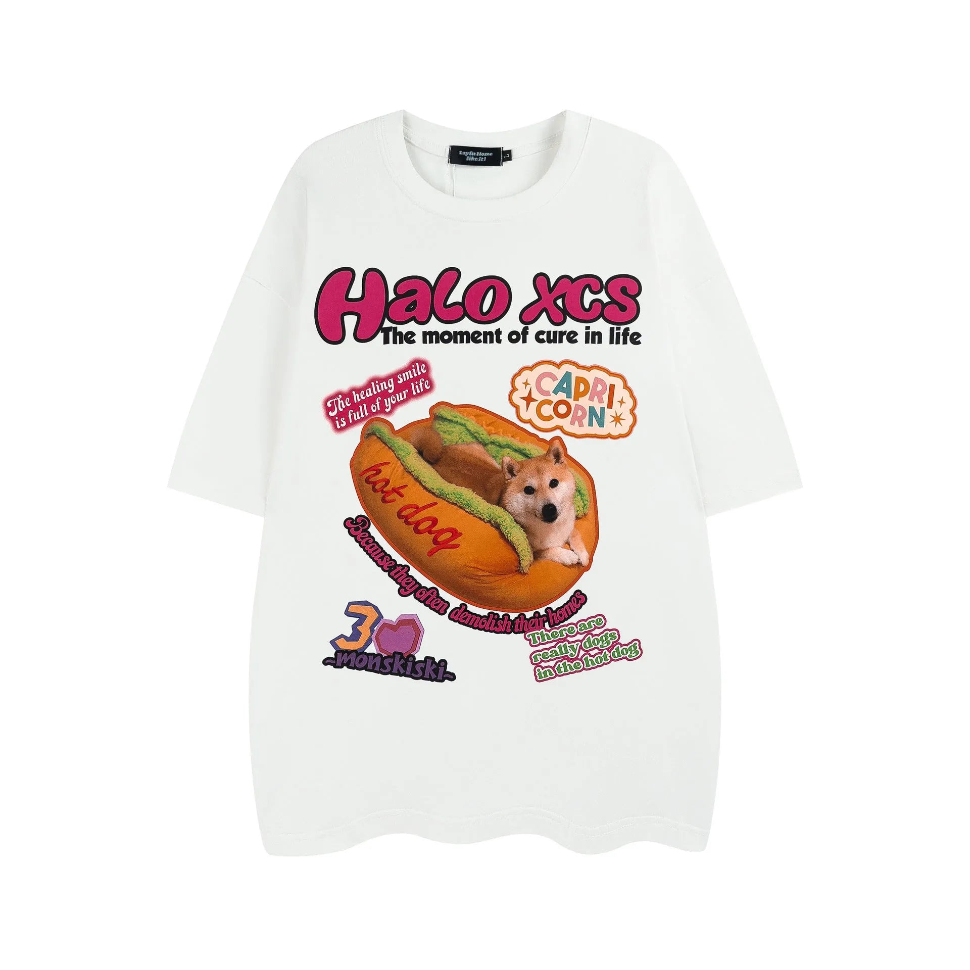 Cotton cartoon hamburger dog printed T-shirt in loose fit with round neck collar