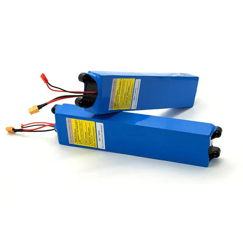 A 36V lithium-ion battery pack for electric scooter replacement, showing labels for 6.6Ah, 7.8Ah, and 10.4Ah options.
