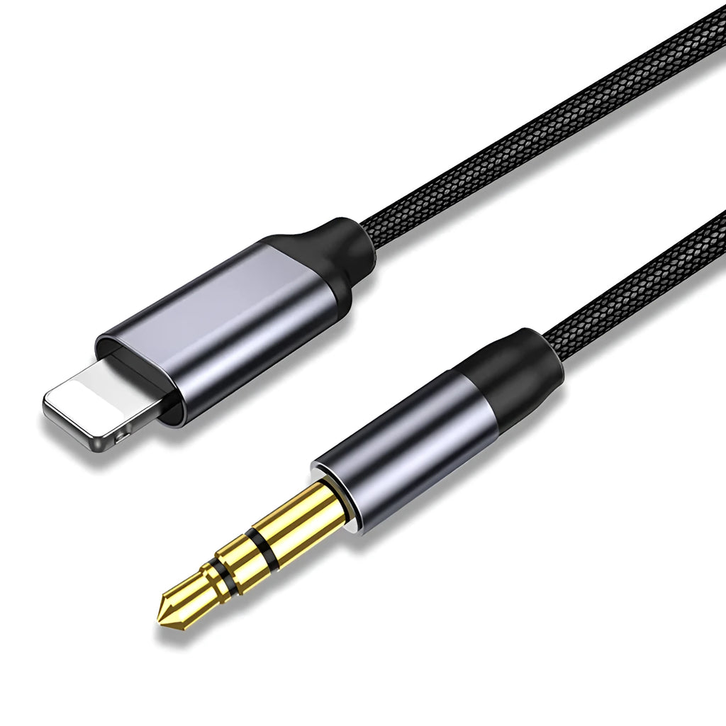 Nylon braided 3.5mm audio cable in silver and black colour options showing different length coils.