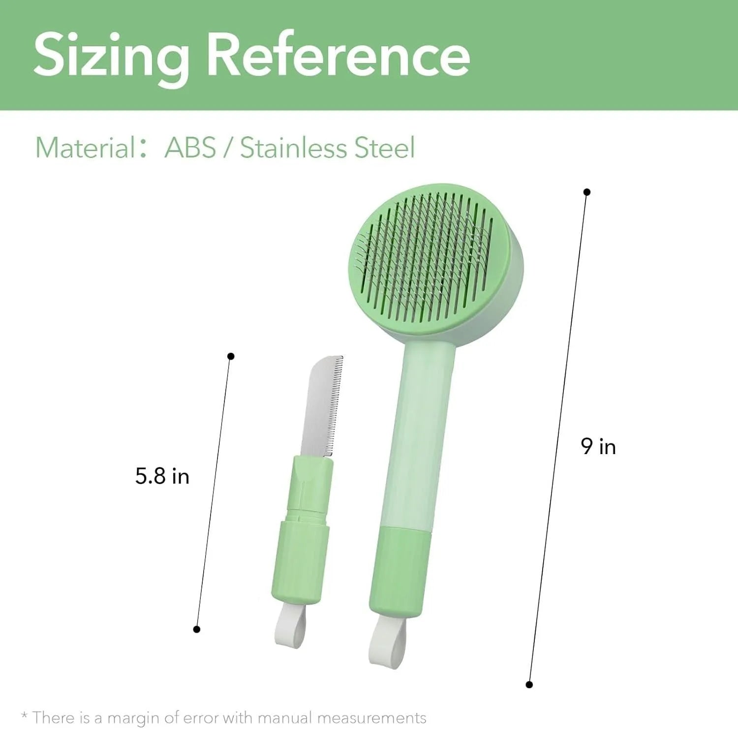 Green pet grooming brush with stainless steel teeth for deshedding cats and dogs