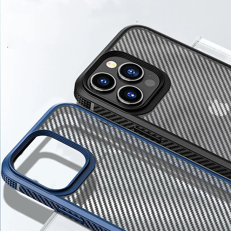 Black anti-fall protective phone case for iPhone 13 with a carbon fibre pattern on the back.