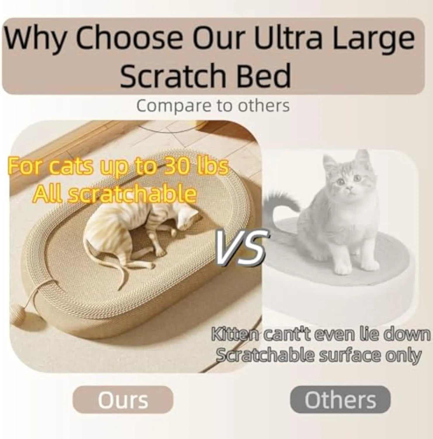 Large rectangular sisal cat scratching board with a flat lounging platform on top, shown in a domestic setting.