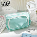 Double layer pencil case in blue with gift handle showing 215mm length 135mm width 85mm depth dimensions