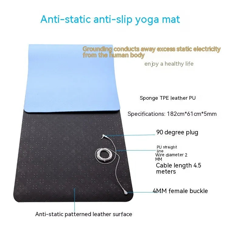 Blue conductive yoga mat with plants pattern, showing grounding wire and 182x61cm dimensions