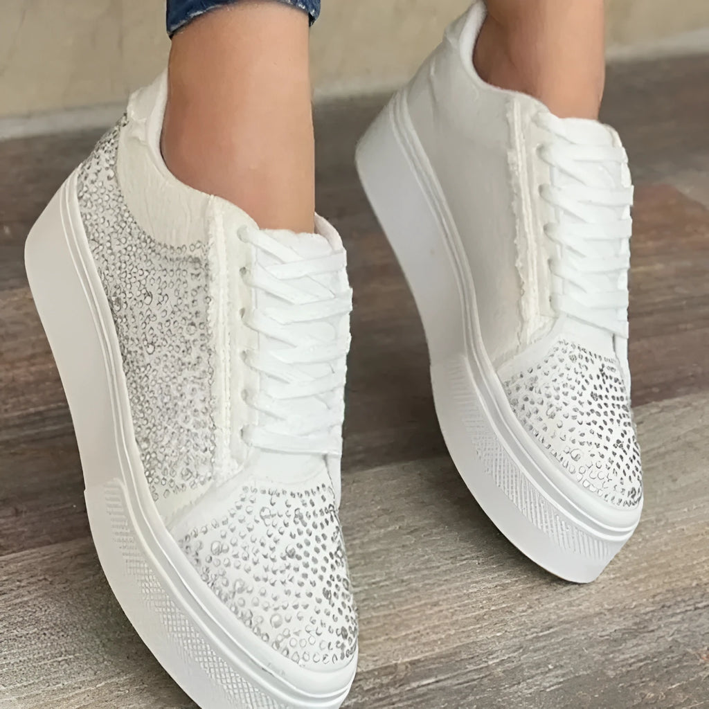 Plus size women's rhinestone lace-up casual shoes with thick rubber soles in black, blue, white, or red colours