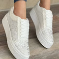 Plus size women's rhinestone lace-up casual shoes with thick rubber soles in black, blue, white, or red colours