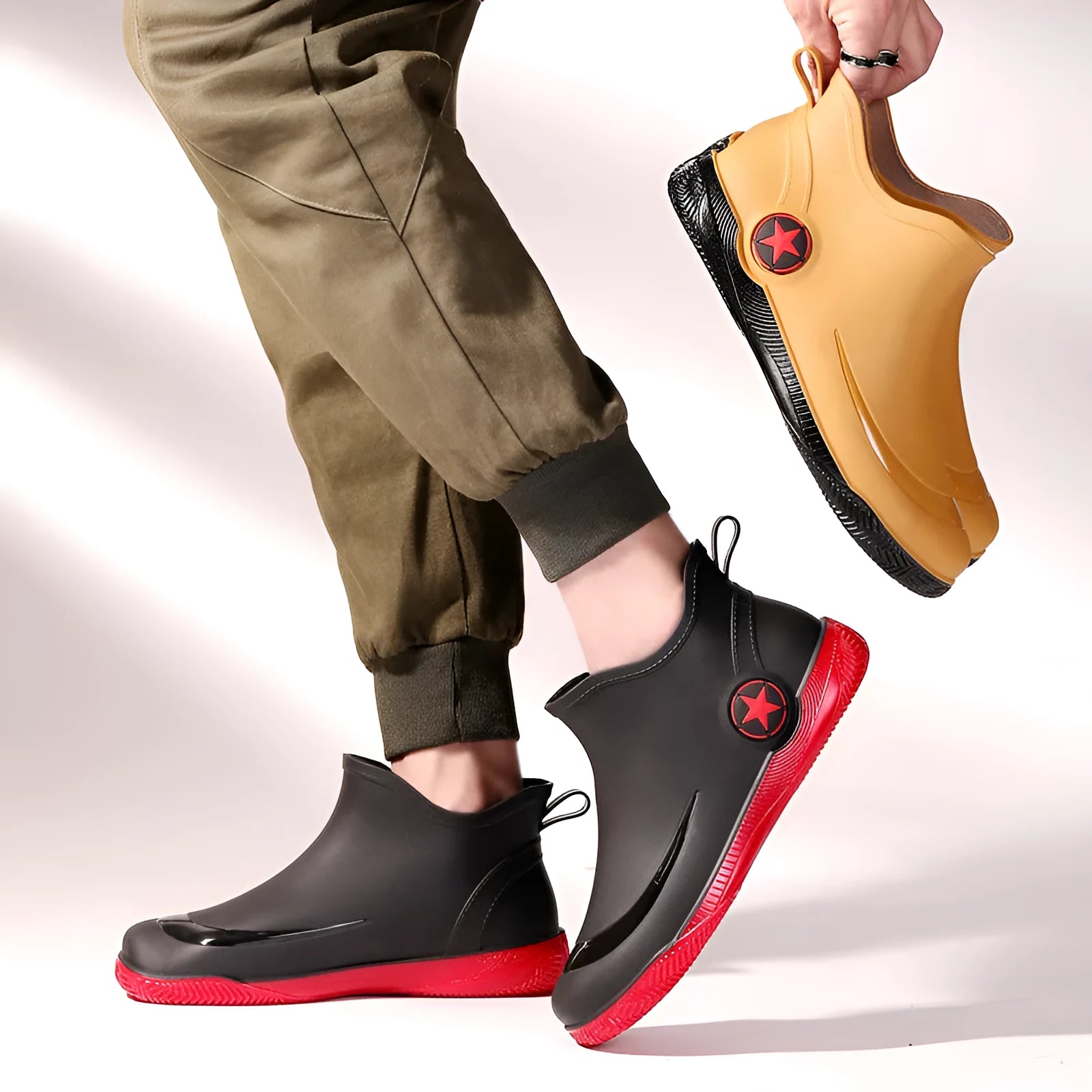 Unisex low-cut PVC rain boots in black with round toe and moulded plastic sole