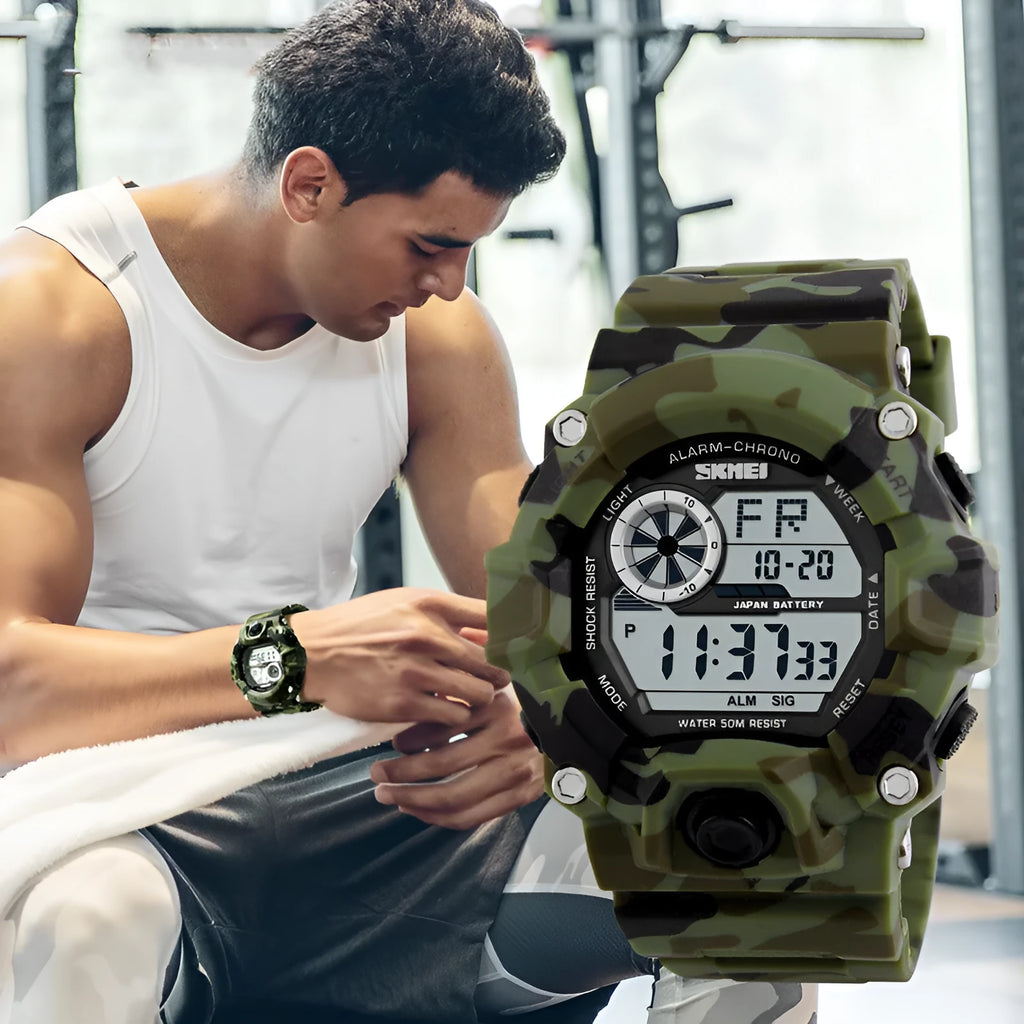 Digital sports watch with round dial, plastic strap, and 30 metre waterproof rating