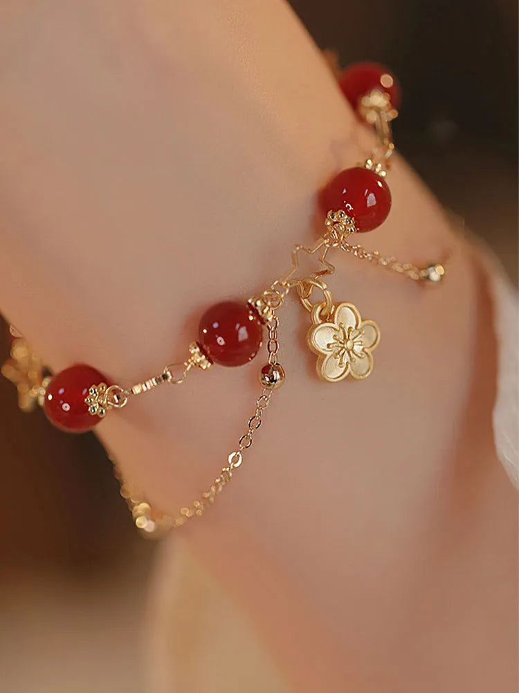Natural red agate double layer bracelet with peach blossom decorations