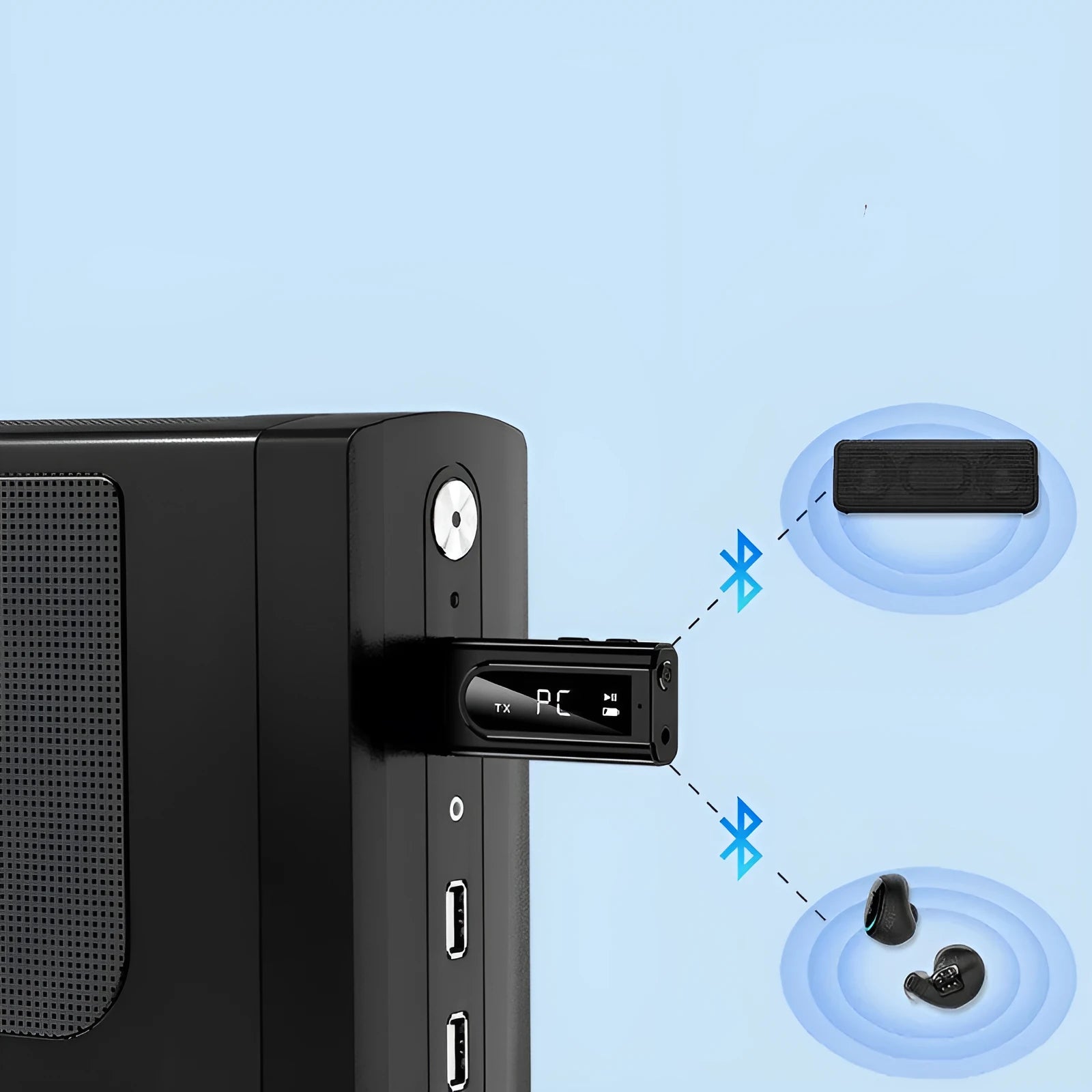 Black USB car FM bluetooth receiver for adding Bluetooth audio streaming to vehicle stereo systems