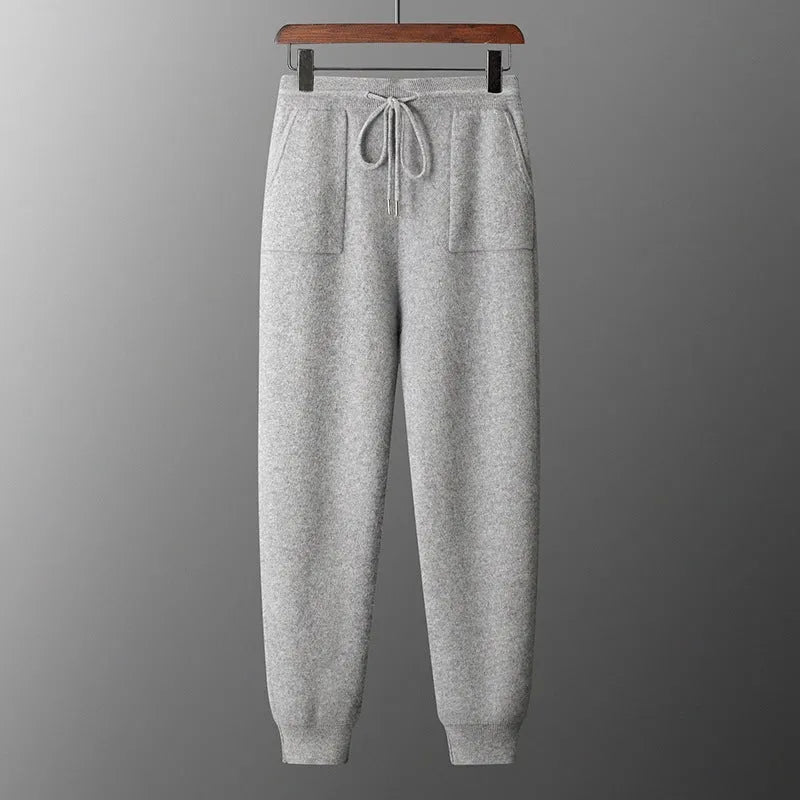 Men's light grey cashmere hooded sweatshirt and trousers casual winter set laid flat