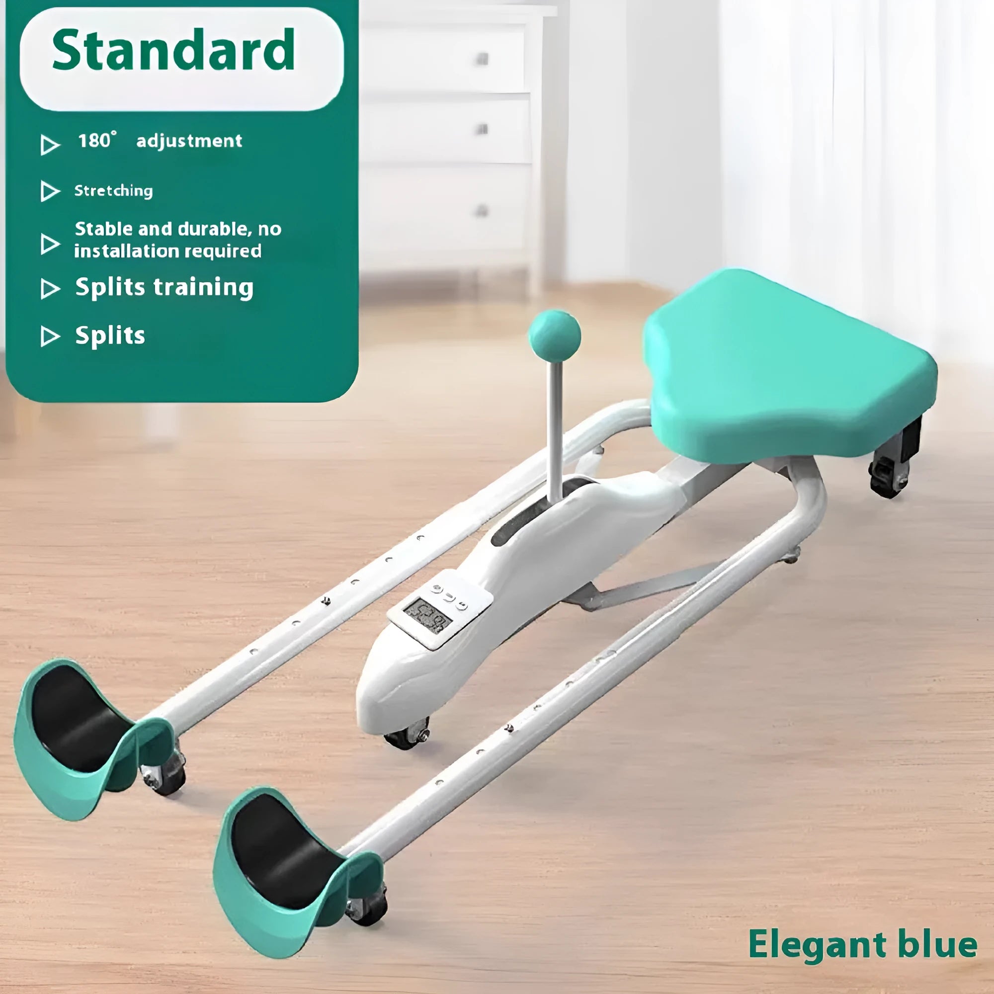 Steel pipe leg stretching equipment with foam padding in pink or blue with optional backrest