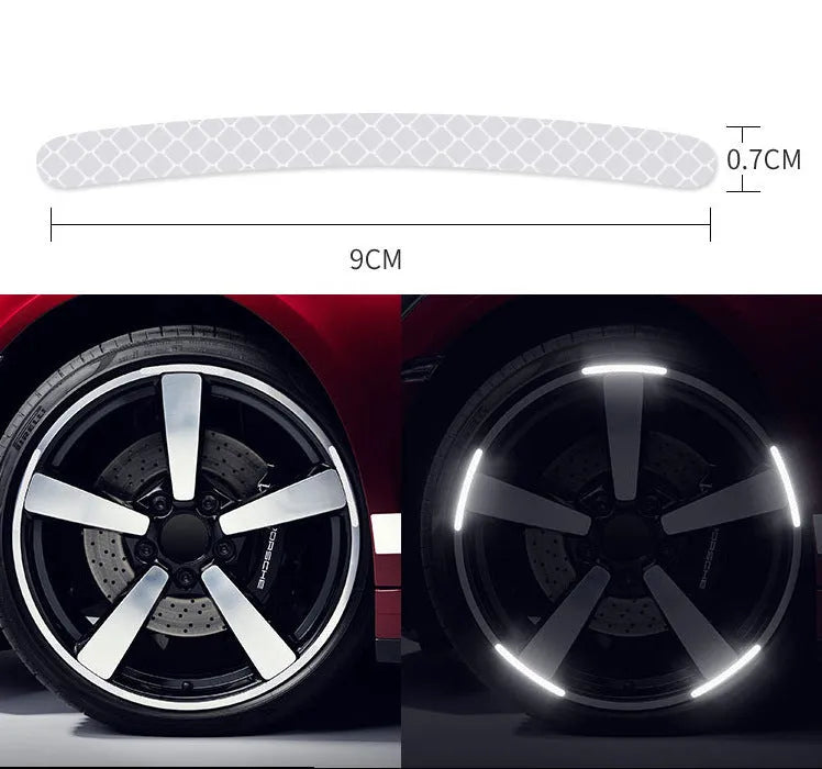 20-piece pack of multicoloured reflective PVC stickers for car and bicycle wheel hubs.