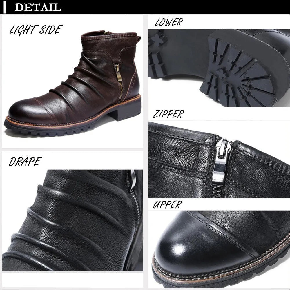 Black mid-calf cowboy boots with side zip, round toe, and embossed PU upper on a brown background.