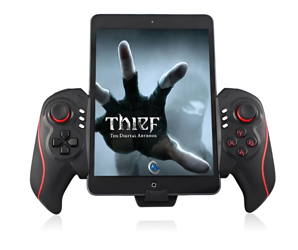 PG-9023 wireless telescopic game controller attached to a smartphone showing its size and button layout.
