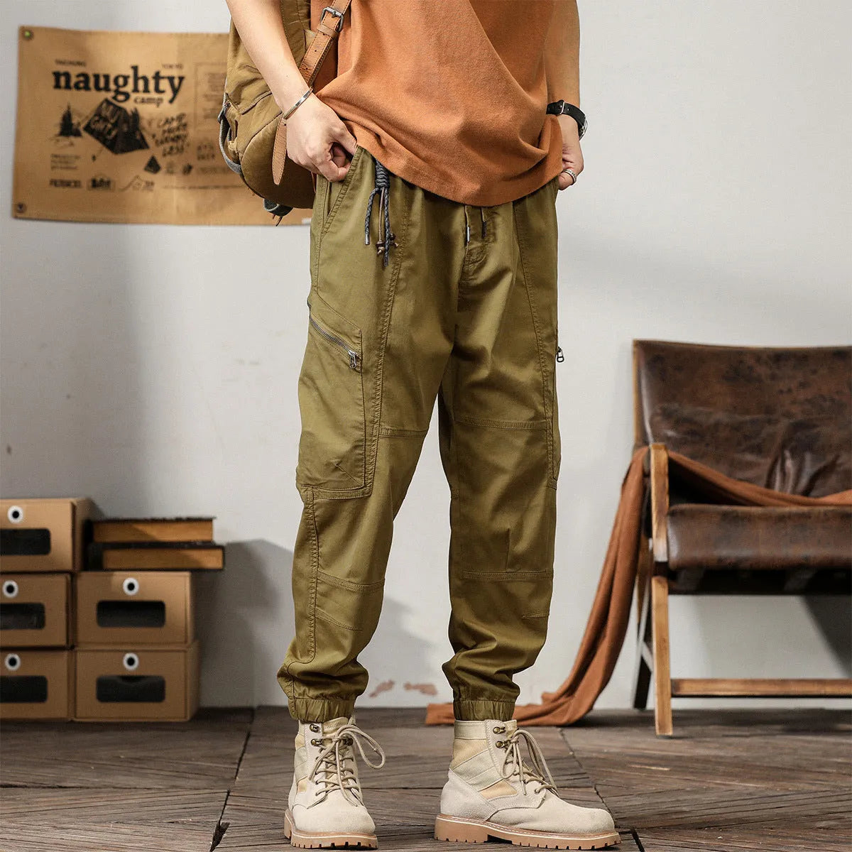 Men's tapered cotton harem pants in ankle-banded Korean style design