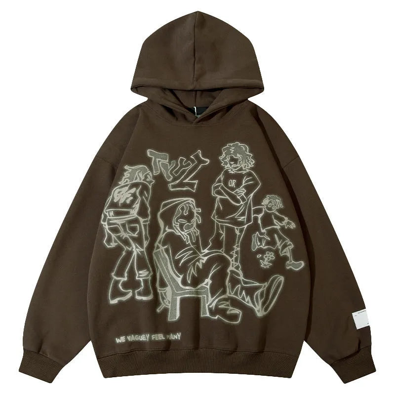Loose-fitting couples oversize hoodie in brown, round neck, long sleeves, side view on plain background